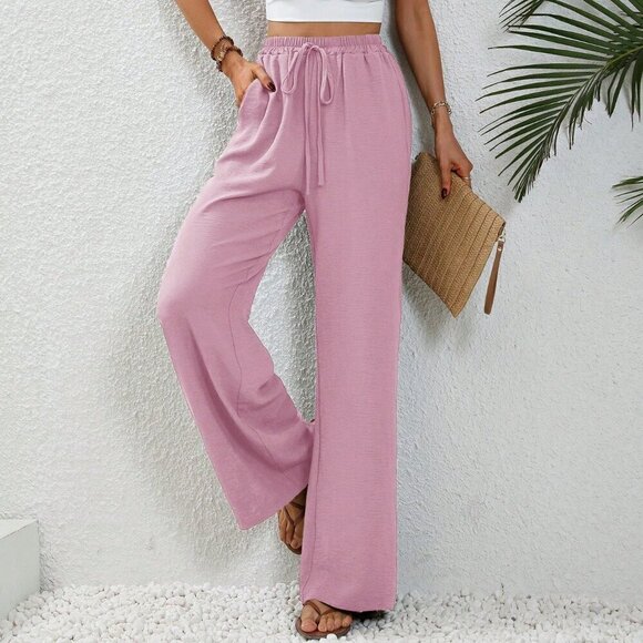 Dusty Pink Casual Women's Knot Waist Slant Pocket Wide Leg Pants - Picture 1 of 6